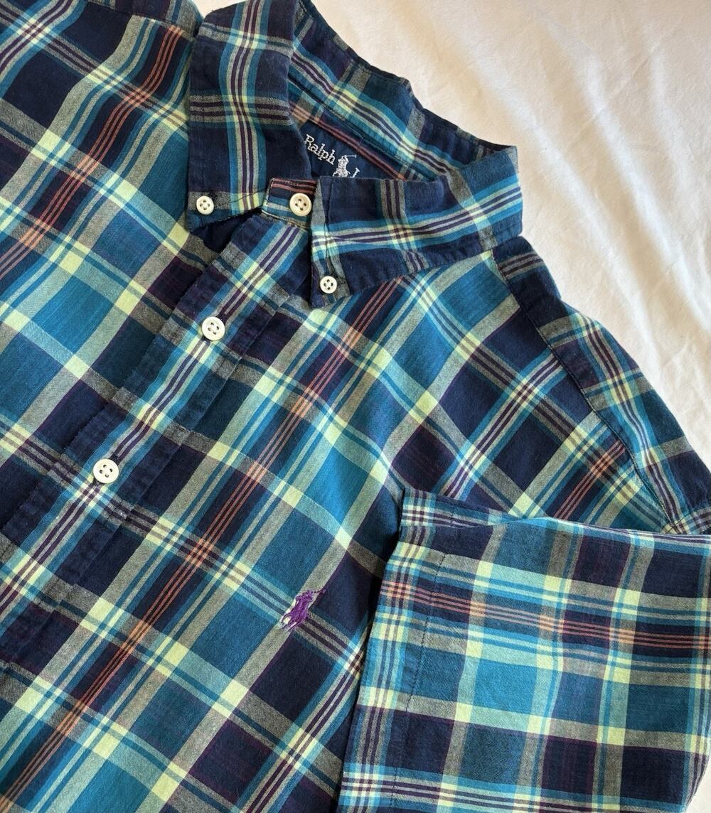 Ralph Lauren Button Down Shirt Blake Blue Teal Plaid Mens Size XL Short Sleeve
